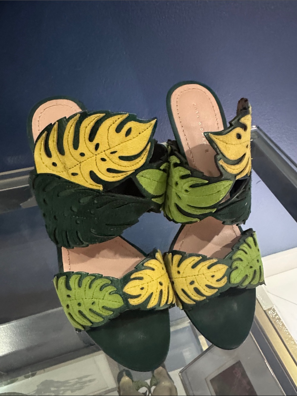 Zara Green and Yellow Leaf-Appliqué Heels